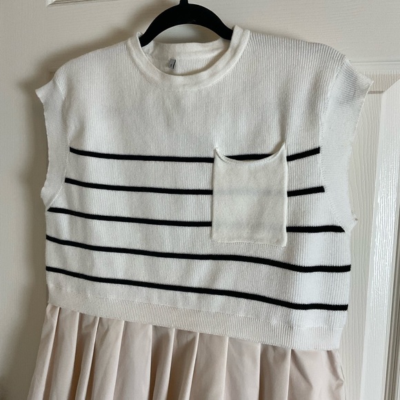 Womens Dresses Striped Knit Top Pleated Loose Swing Mini Short Sleeve Dress S - Picture 3 of 15